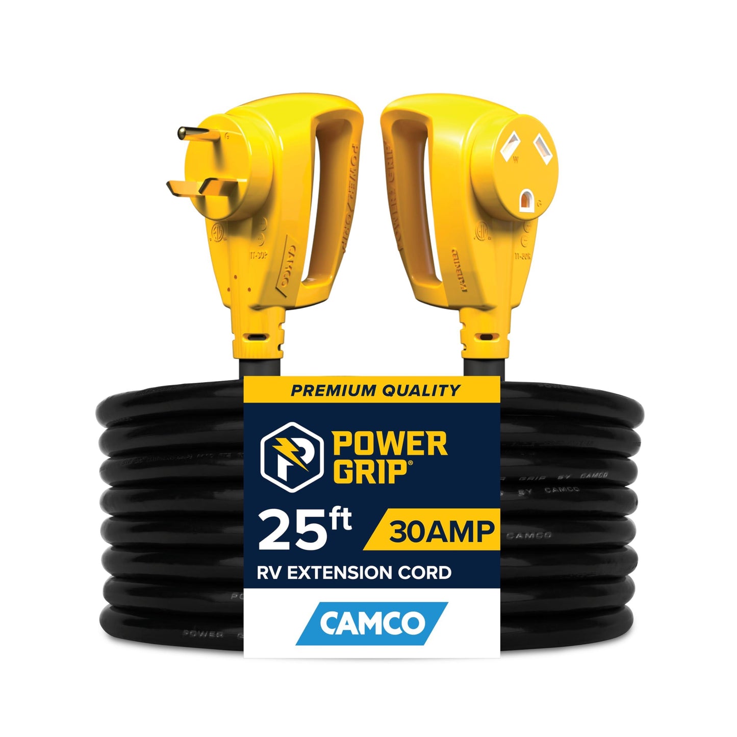 Camco Power Grip 25-Ft 30 Amp RV Extension Cord - Rated for 125V / 3,750W - Features Heavy Duty 10-Gauge Copper Wire for Superior Conductivity & Coated w/Heat-Resilient PVC (55191)