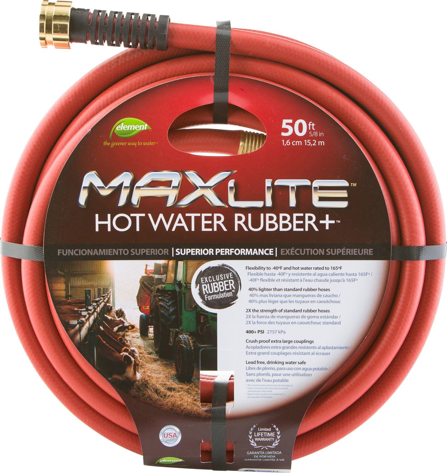 Swan Products CELSGHW58050 Element MAXLite Hot Water Rubber+ Hose with Crush Proof Couplings 50' x 5/8", Red