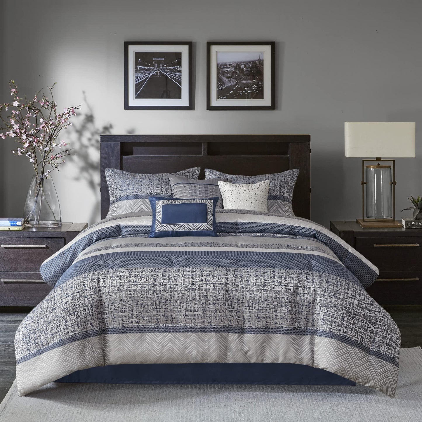 Madison Park Luxury Comforter Set-Traditional Jacquard Design All Season Down Alternative Bedding, Matching Bedskirt, Decorative Pillows, Queen(90"x90"), Rhapsody, Geometric Navy 7 Piece