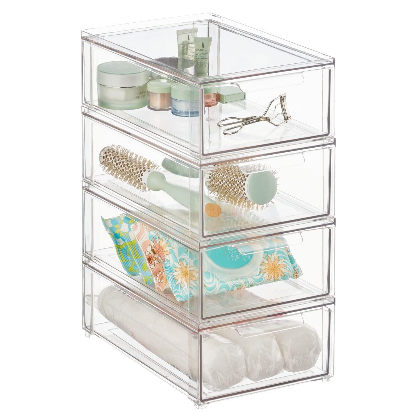 mDesign Plastic Stackable Bathroom Storage Organizer Bin Containers with Front Pull Drawer for Bathroom Countertop, Vanity, Closet Shelves - Holder for Accessories - Lumiere Collection, 4 Pack, Clear