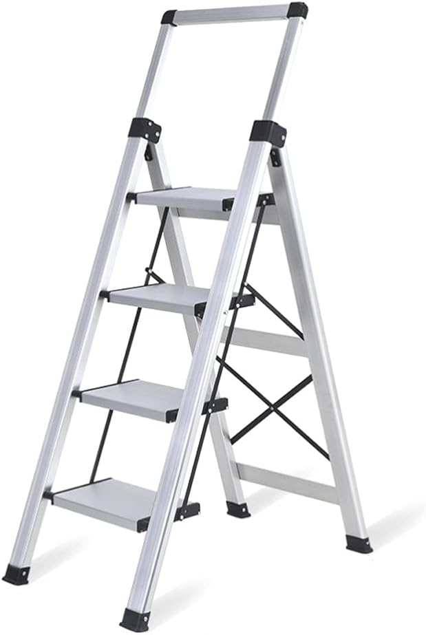 Step Ladders Aluminium Step Ladder 4 Step Lightweight Folding Step Stool with Fully Manual Telescopic Handrails Portable Stepladders for Office Portable Step Stool