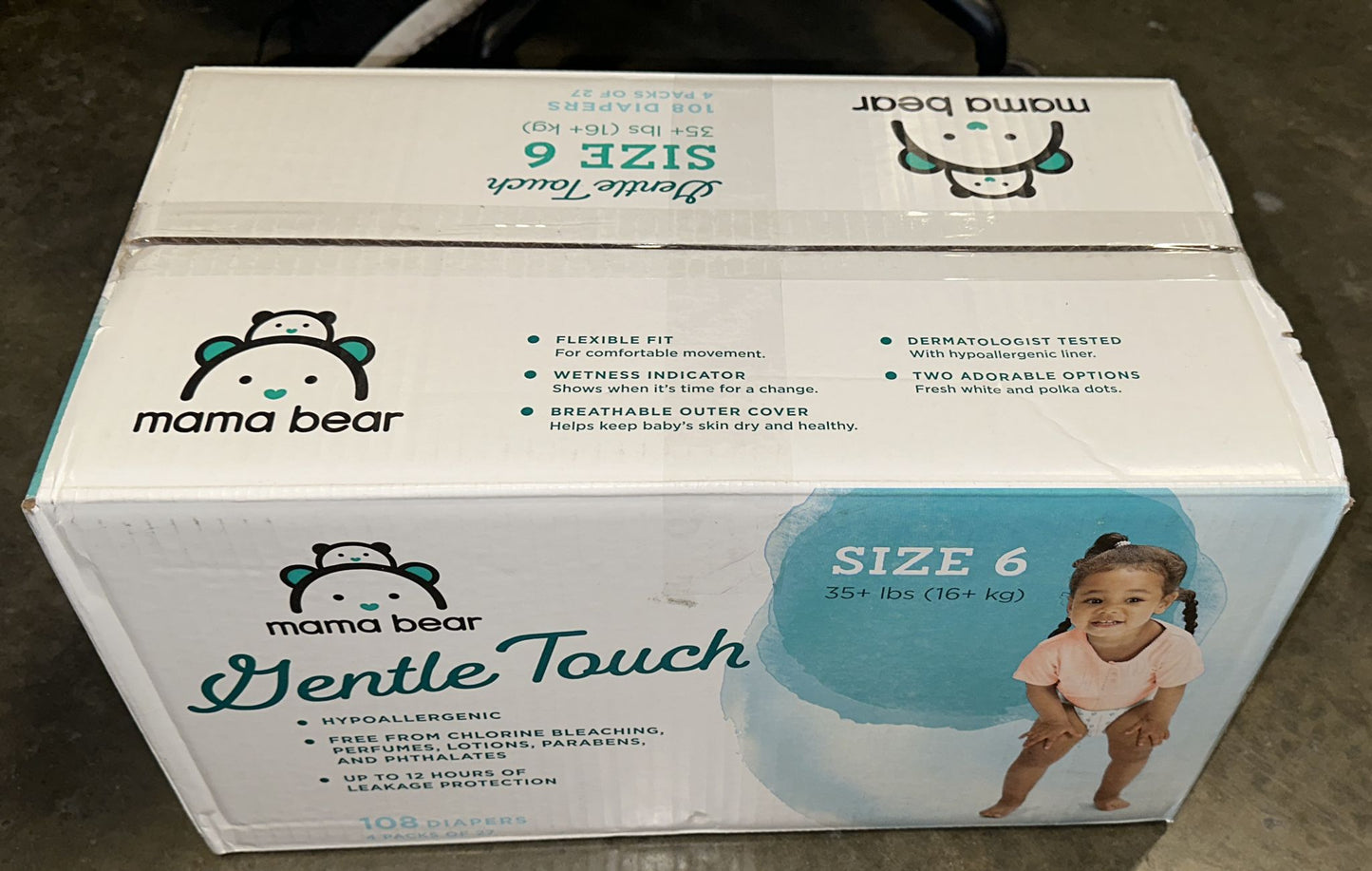 Amazon Brand - Mama Bear Gentle Touch Diapers, Hypoallergenic, Size 6, White, 108 Count (4 packs of 27)