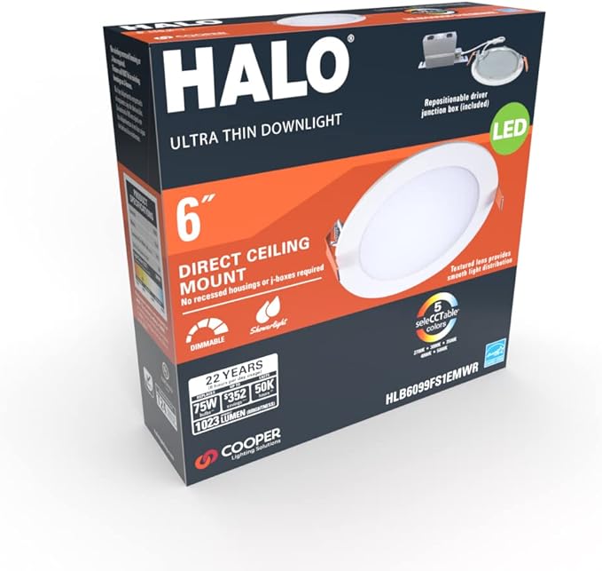 HALO HLB 6 inch Recessed LED Ceiling & Shower Disc Light – Canless Ultra Thin Downlight – 5CCT Selectable White - 4 Pack