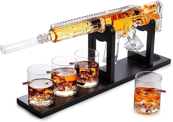 Gifts for Men Dad, Whiskey Decanter Set - Gun AR Limited Edition, Silencer Stopper - 800 ml & 12oz Bullet Glasses -