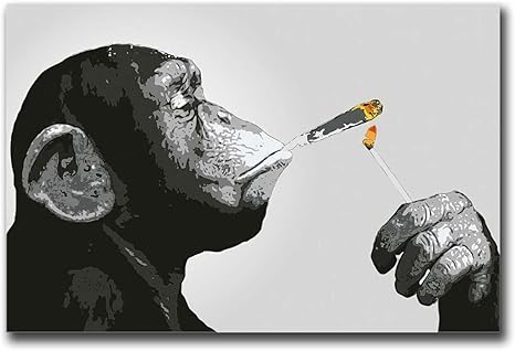 Canvas Wall Art Monkey Chimp Smoking Spliff Artwork Wall Art for Living Room Bedroom Bathroom Room Office Decor Framed 12''x18'