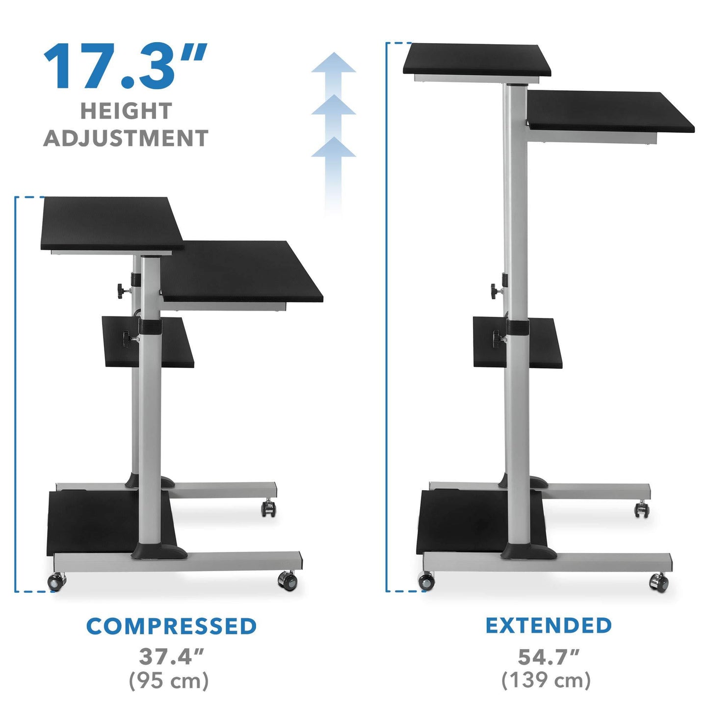 Mount-It! Rolling Desk Adjustable Height up to 54.7", Portable Standing Desk for Laptop or Podium Stand with Wheels, Mobile Roller Presentation Cart, Computer Work Station 27.5" Wide, Locking Wheels
