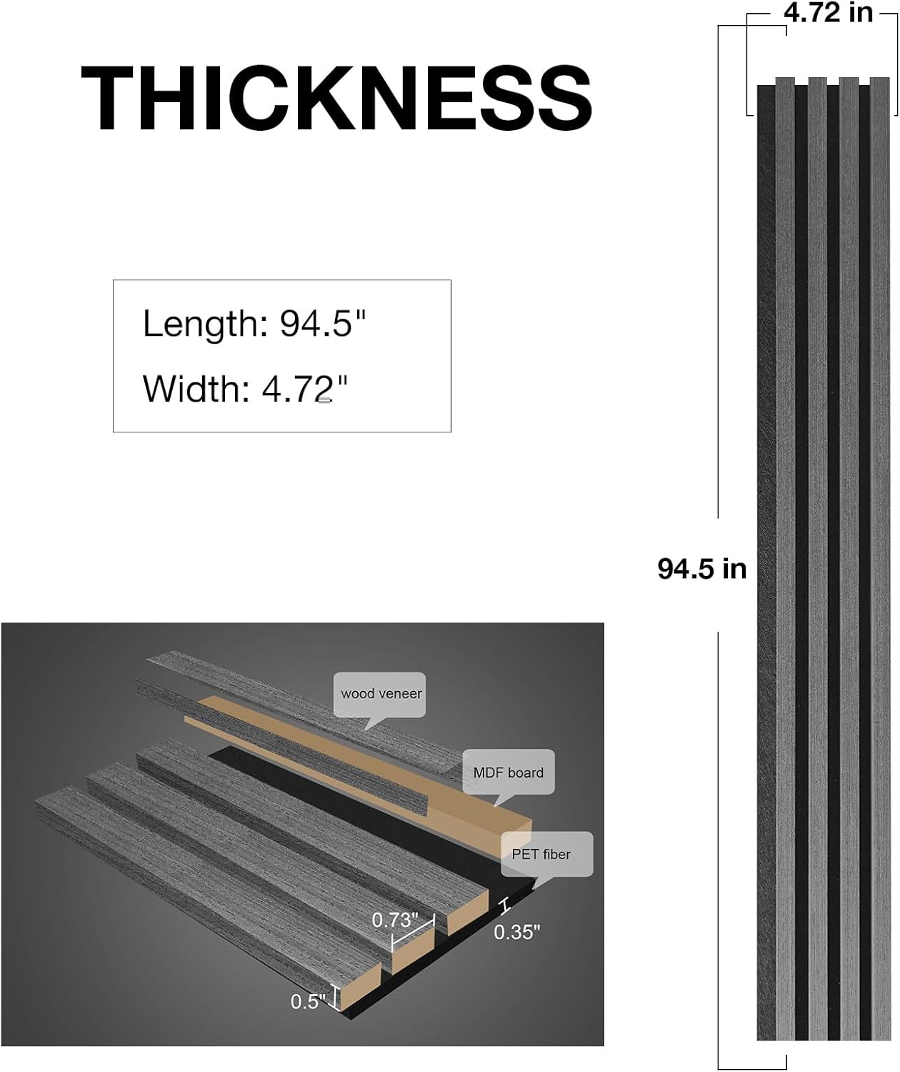 NeatiEase 4-Piece Wood Wall Panels for Wall Decor and Noise Reduction, Acoustic Slat Wall Paneling, 3D Decorative Slat Panels for Interior Wall and Ceilings, Dark Gray Oak