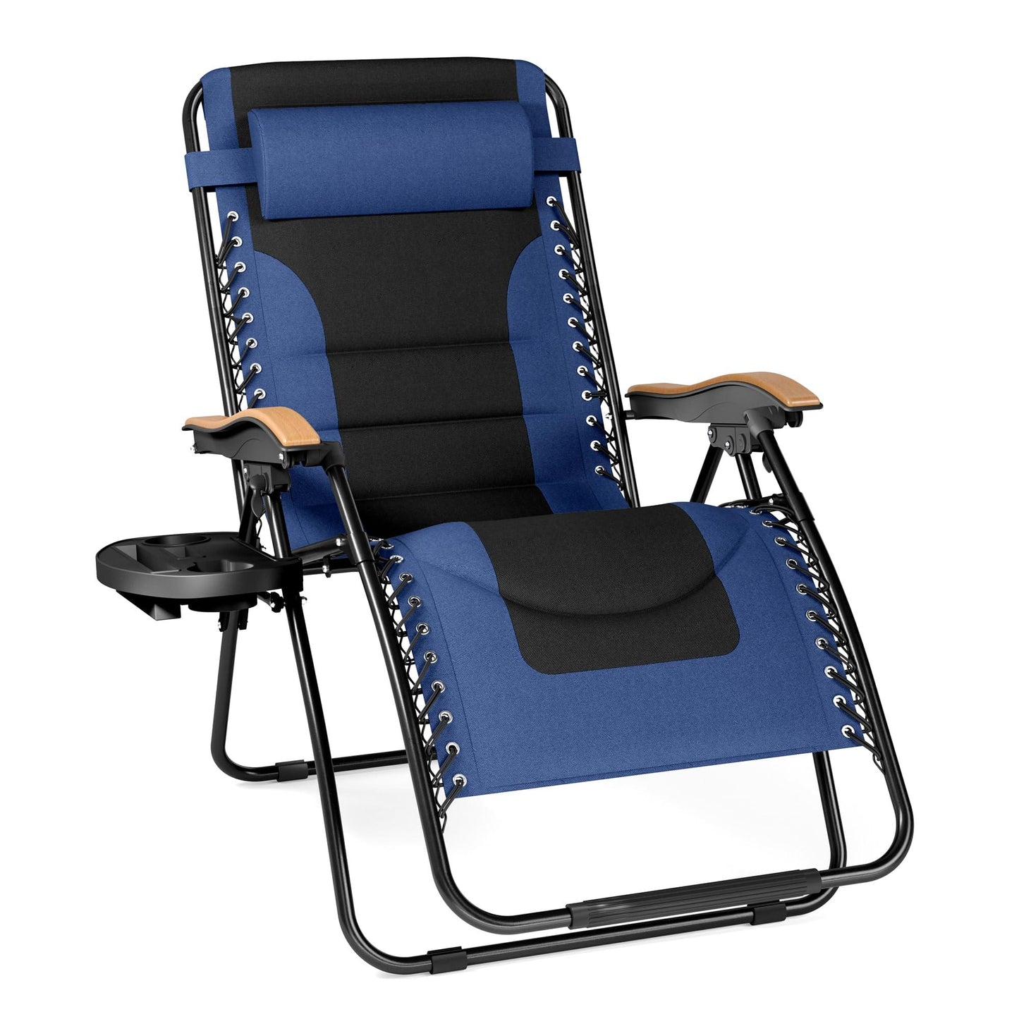 PHI VILLA XXL Oversized Padded Zero Gravity Chair, Foldable Patio Recliner, 30" Wide Seat Anti Gravity Lounger with Cup Holder, Support 400 LBS (Navy Blue)