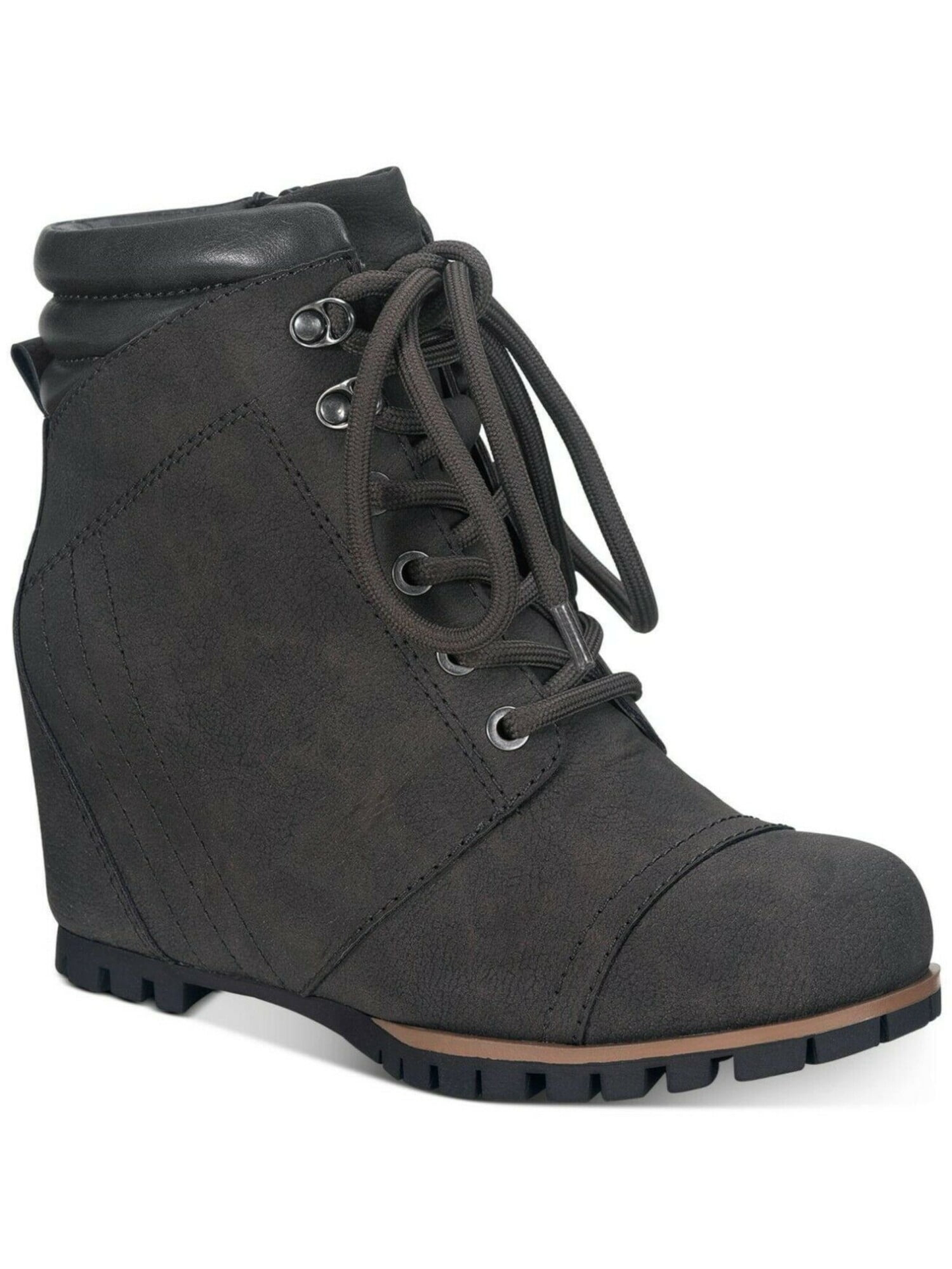 SUN STONE Womens Black Side Zip Lug Sole Cushioned Lizzie Round Toe Wedge Lace-Up Booties 7