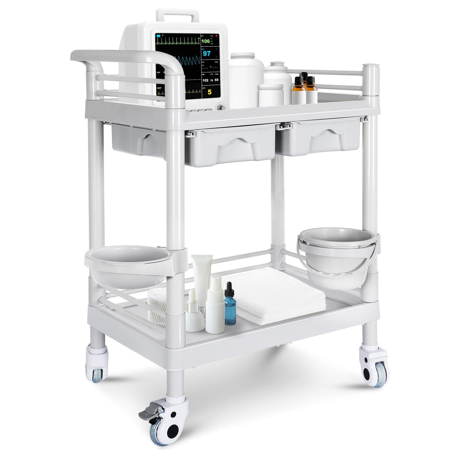 Mobile Medical Cart, 2 Tier Trolley 330 Lbs, with 2 Drawers Carts, Beauty Salon Rolling Trolley with Dirt Buckets, 360° Rotate Wheels, Heavy Duty Medical Utility Cart for Hospital Dental Clinic