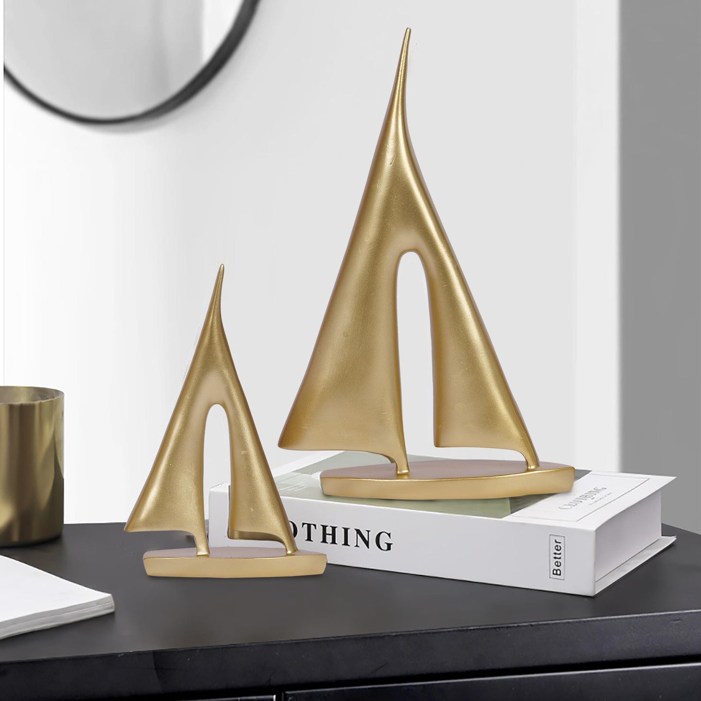 Dawbun 2 Pack Gold Sailboat Decor Boat Sculpture for Home Decor Modern Boat Statue Decorative Nautical Decoration for Living Room Bookshelf Shelf Table Office