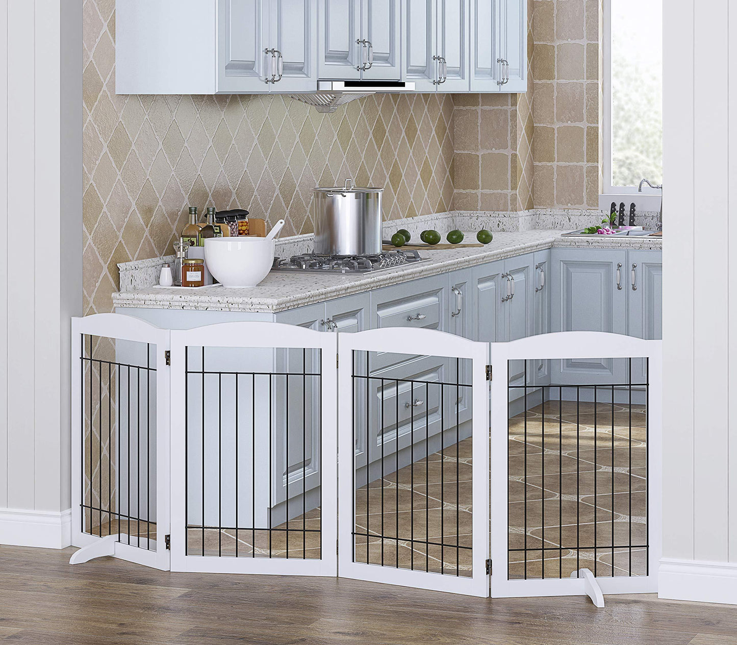 Spirich Free Standing Foldable Wire Pet Gate for Dogs, 80 inches Extra Wide, 30 inches Tall 4 Panels Dog Gate for the House, Doorway, Stairs, Pet Puppy Safety Fence,Set of Support Feet Included, White
