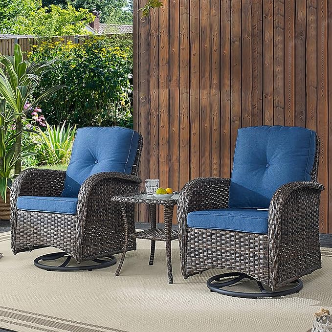 Belord Patio Wicker Chairs Swivel Rocker - Outdoor Swivel Rocking Chairs Set of 2 with Rattan Side Table, Patio Swivel Glider Chair 3 Piece Patio Furniture Sets for Patio Porch Pool Brown/Blue