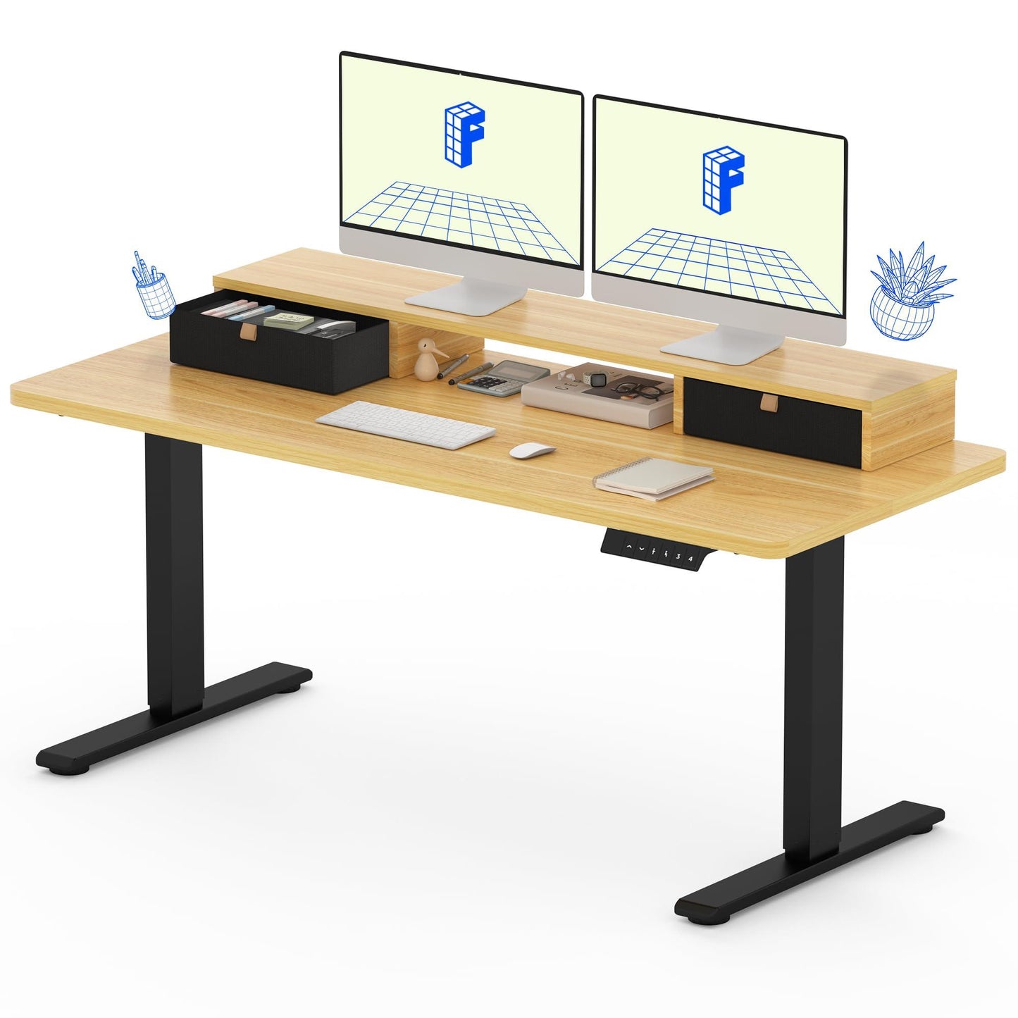 FLEXISPOT Electric Standing Desk with Drawer, Solid One-Piece Adjustable Height Desk with Storage Shelf, Ergonomic Monitor Stand for Computer Laptop (Black Frame/Maple Top, 55 inch)