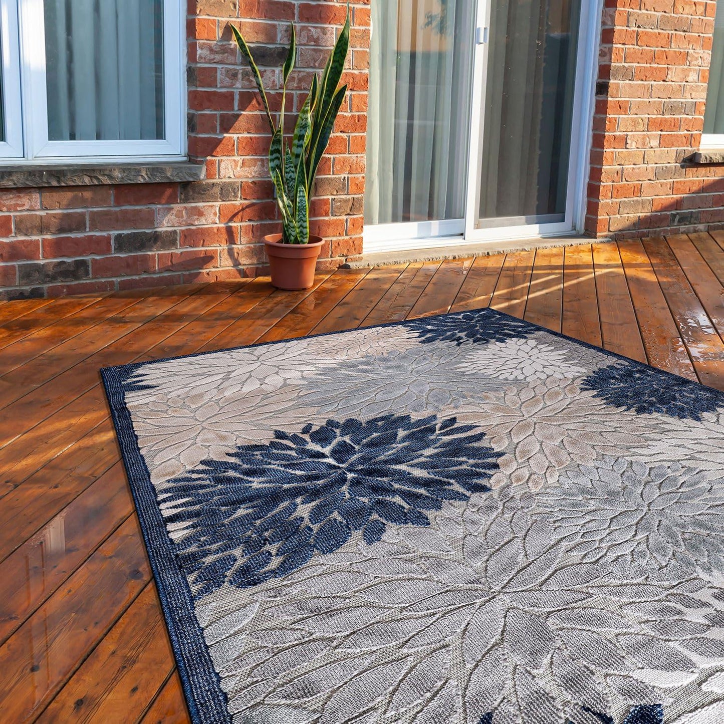 CAMILSON Indoor/Outdoor Rug, Blue 6’x9’ Floral Exotic Tropical Area Rugs for Indoor and Outdoor patios, Easy-Cleaning Non-Shedding Living Room, Garden and Kitchen Washable Outside Carpet (6x9)