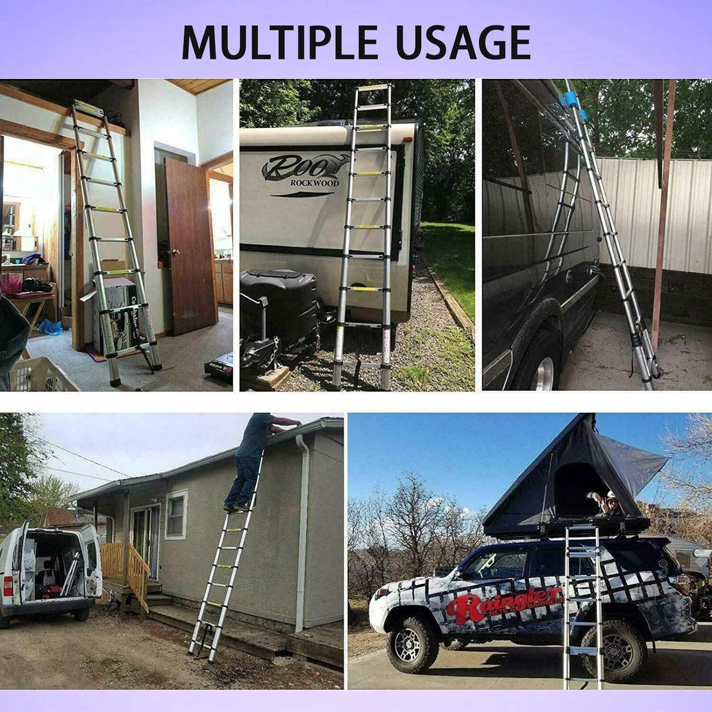 Telescoping Ladder 8.5FT Aluminum Lightweight Extension Collapsible Compact Ladder Adjustable Height 2.6M Attic Ladder Easy to Carry for Home Use Roof RV Outdoor EN131 Safe Standard 330lb Max Load