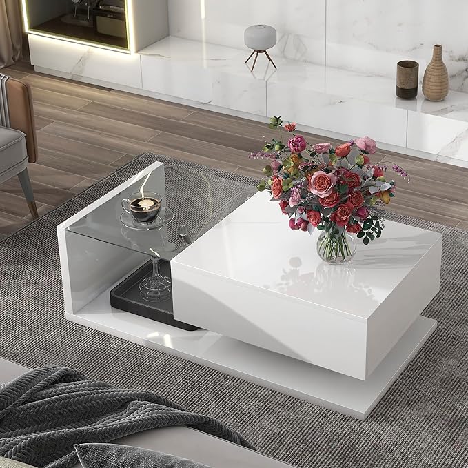 Modern Coffee Table with Tempered Glass, Wooden Cocktail Table with High-Gloss UV Surface, Modernist 2-Tier Rectangle Center Table for Living Room, White