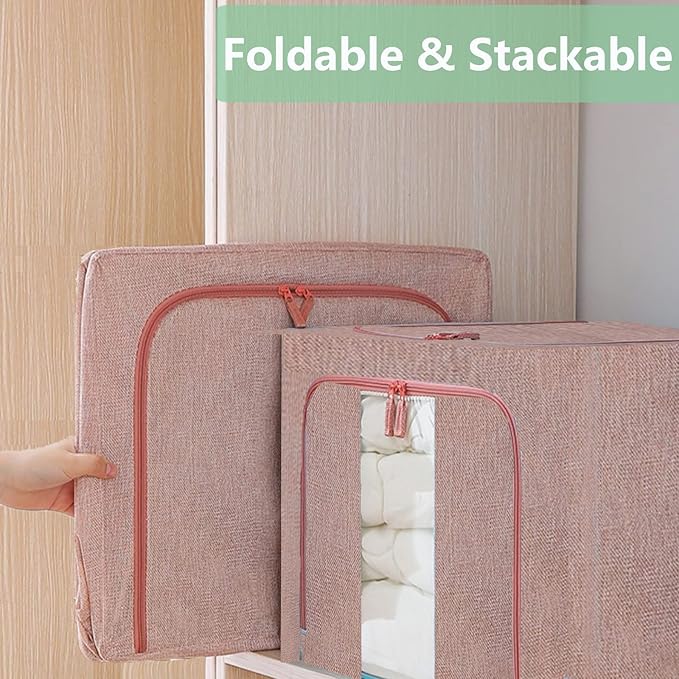 Clothes Storage Bins Box - Foldable Stackable Container Organizer Set with Clear Window & Carry Handles & Metal Frame - 2Pack