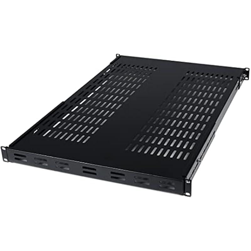 StarTech.com 1U Adjustable Vented Server Rack Mount Shelf - 175lbs - 19.5 to 38in Adjustable Mounting Depth Universal Tray for 19" AV/ Network Equipment Rack - 27.5in Deep (ADJSHELF), Black, 1.6"x17.5"x38.3"