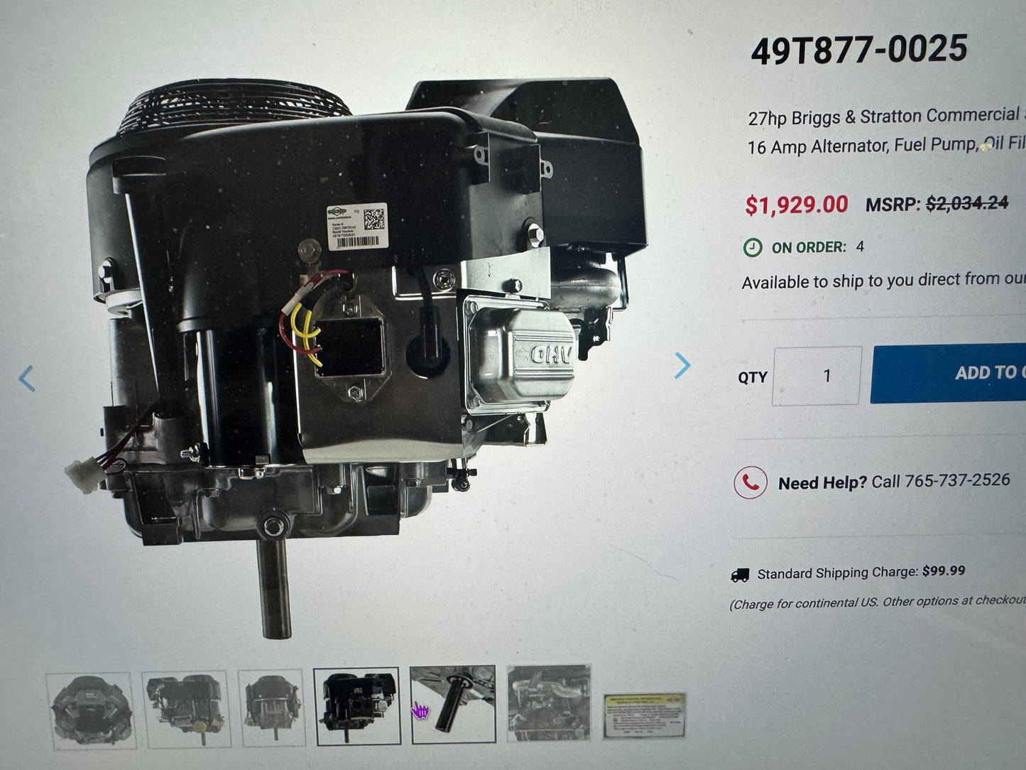 Briggs and Stratton 49T877-0025-G1 Commercial Turf Series 27 Gross HP 810cc V-Twin with Cyclonic Air Filter and 1-1/8-Inch by 4-5/16
