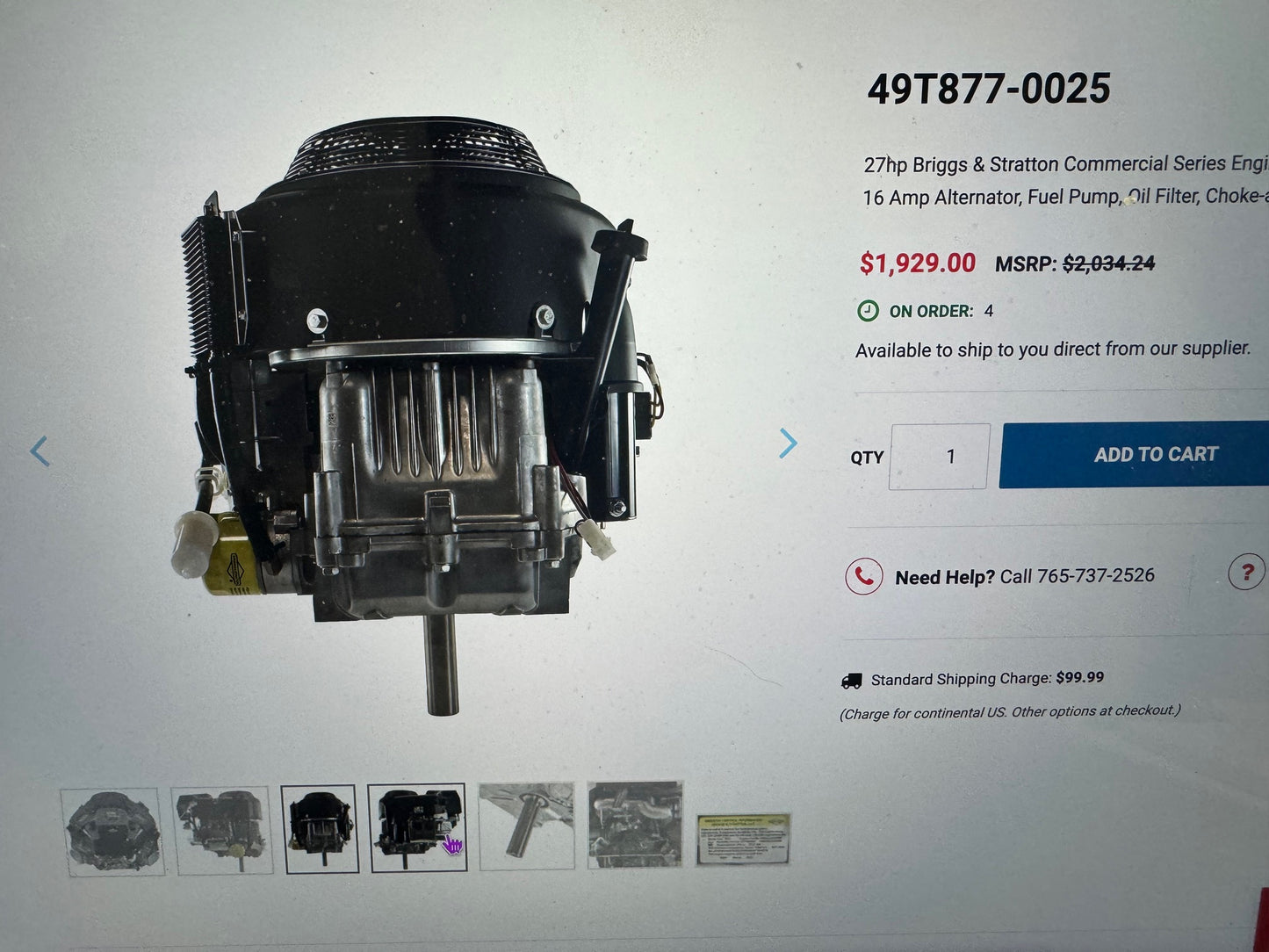 Briggs and Stratton 49T877-0025-G1 Commercial Turf Series 27 Gross HP 810cc V-Twin with Cyclonic Air Filter and 1-1/8-Inch by 4-5/16