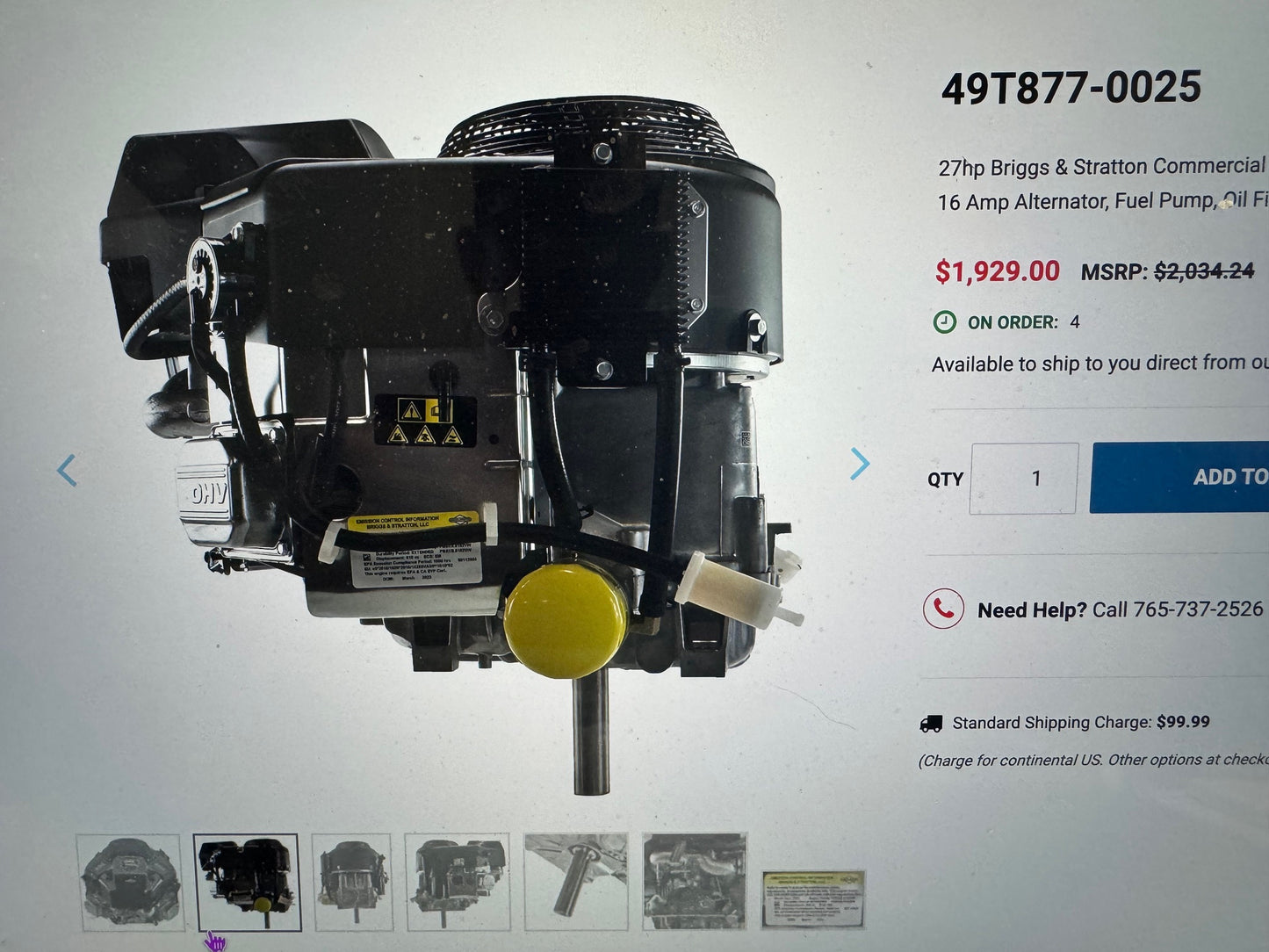 Briggs and Stratton 49T877-0025-G1 Commercial Turf Series 27 Gross HP 810cc V-Twin with Cyclonic Air Filter and 1-1/8-Inch by 4-5/16