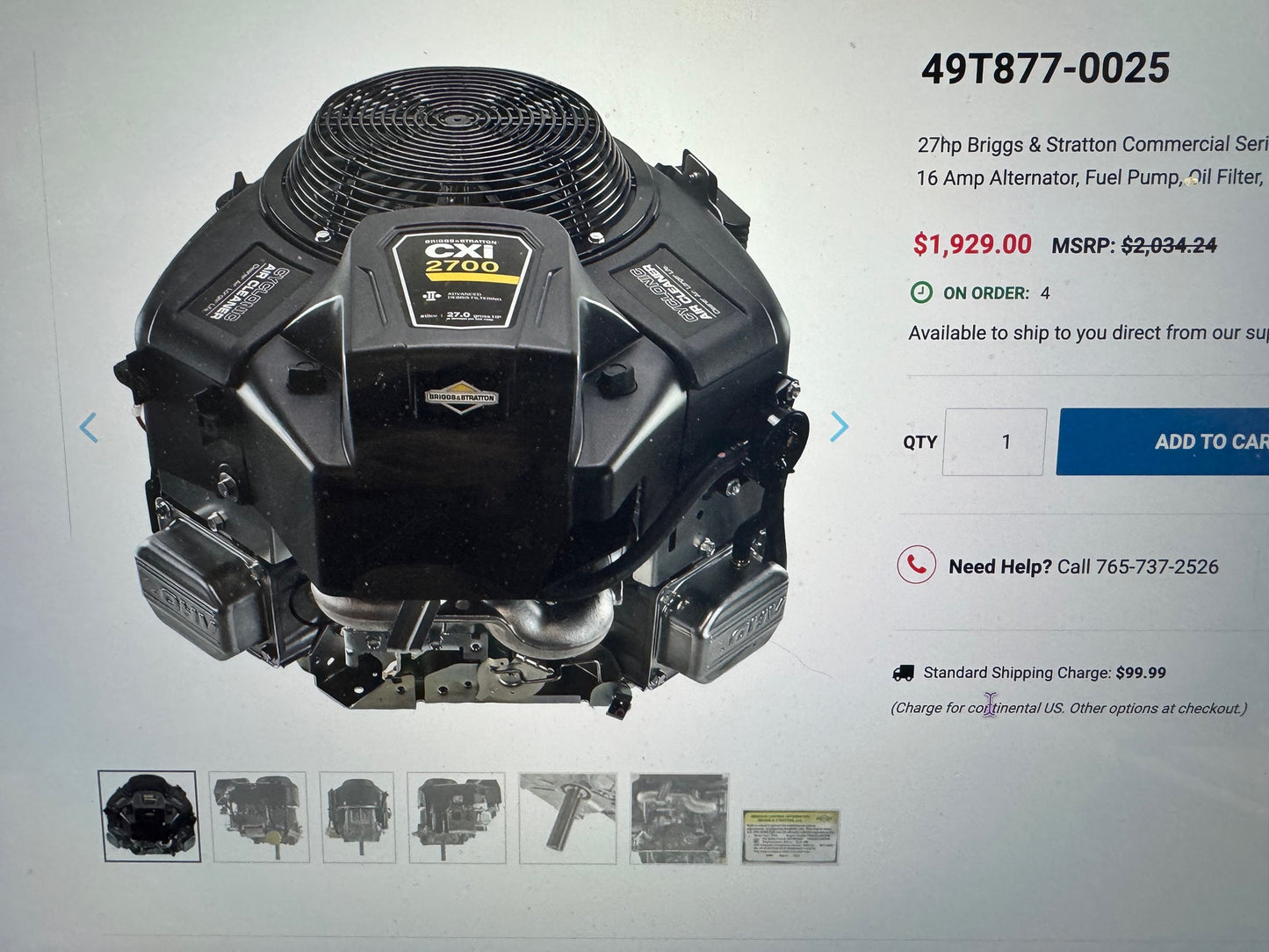 Briggs and Stratton 49T877-0025-G1 Commercial Turf Series 27 Gross HP 810cc V-Twin with Cyclonic Air Filter and 1-1/8-Inch by 4-5/16