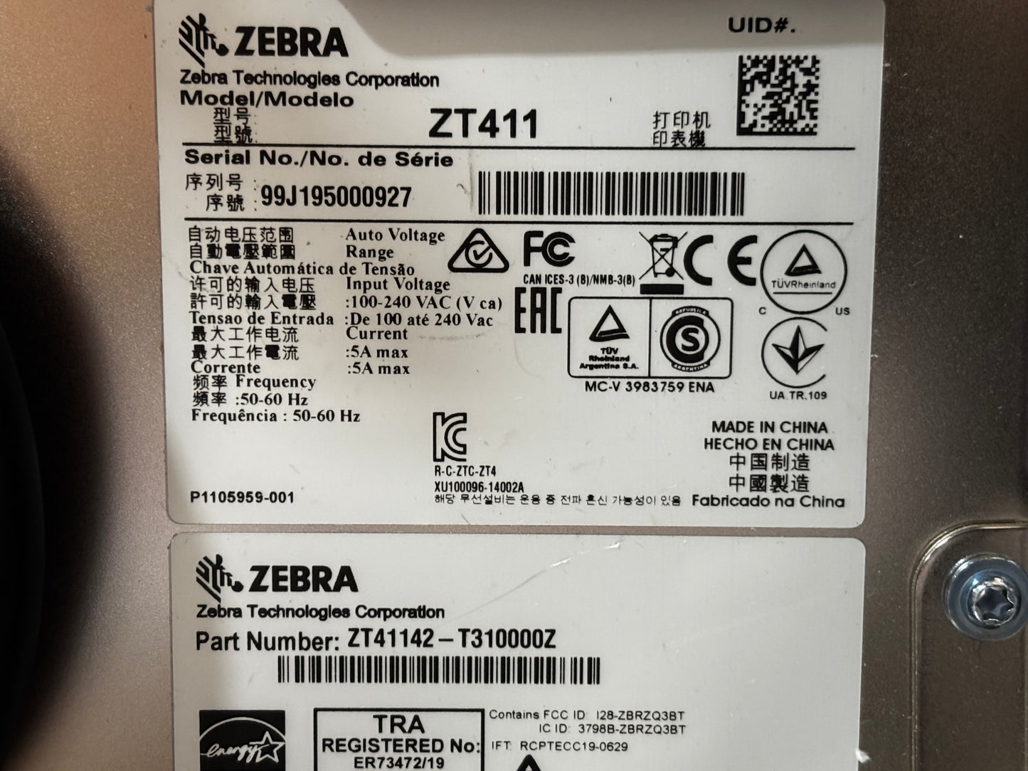 ZEBRA ZT411 Thermal Transfer Industrial Printer 203 dpi Print Width 4 in Serial USB Ethernet Bluetooth Peeler with Liner Take-Up ZT41142-T310000Z (ZT41142-T31A000Z)