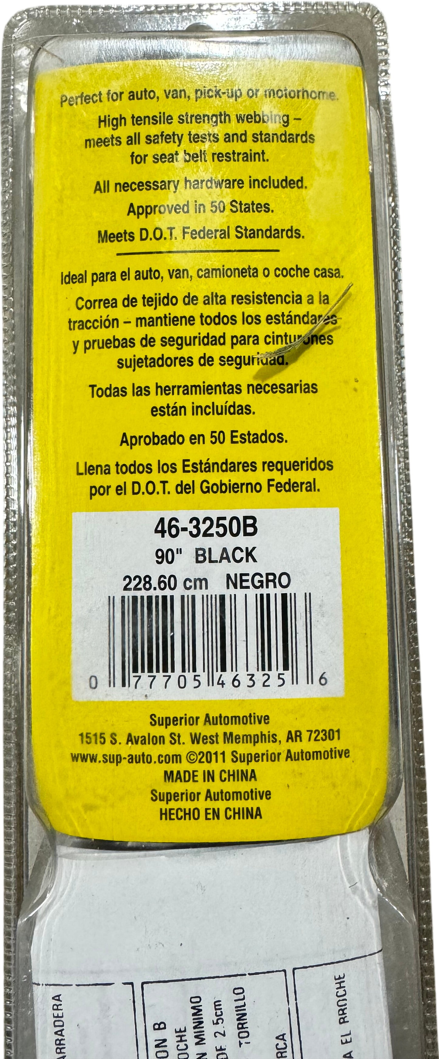 Superior Safe-T-Products 46-3250B Seat Belt 90" Black / New Set of 4