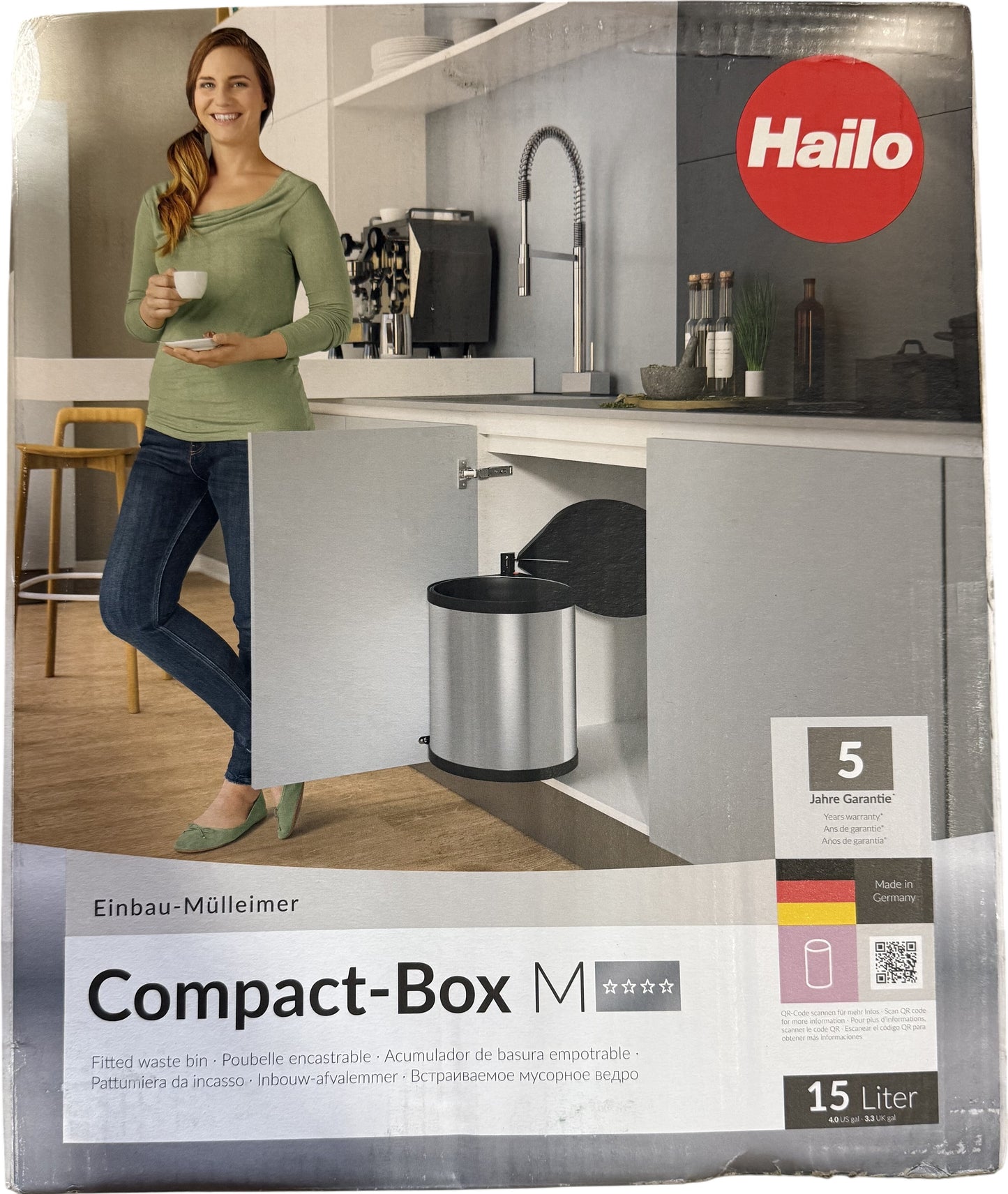 Hailo Compact-Box M Trash Can, 4 Gallon, Lid-Lift, Small Kitchen Bin, Stainless Steel