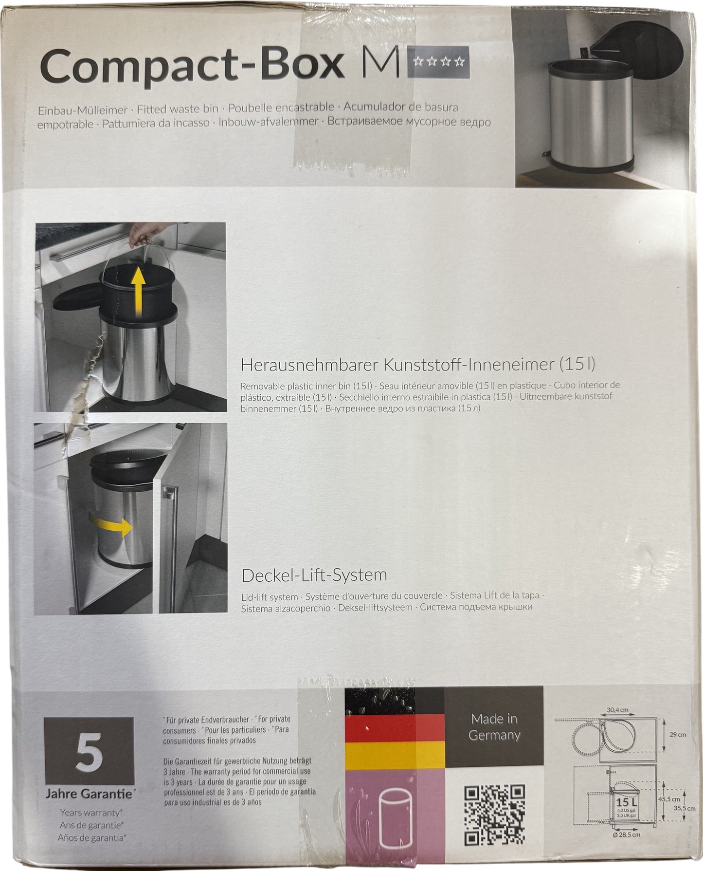 Hailo Compact-Box M Trash Can, 4 Gallon, Lid-Lift, Small Kitchen Bin, Stainless Steel