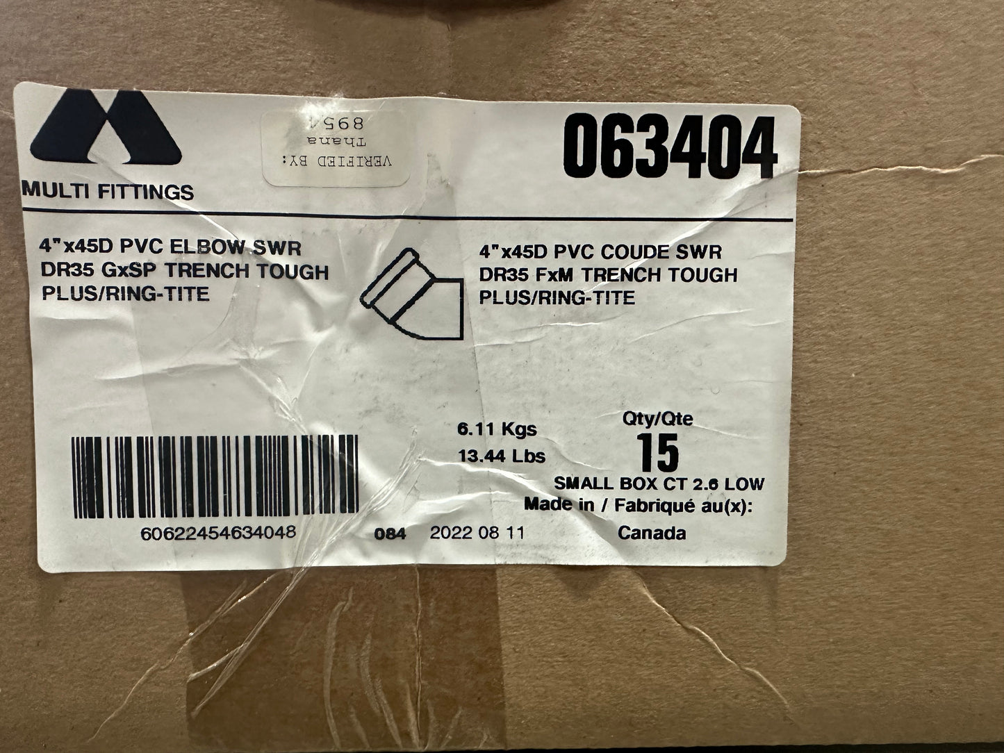 Multi Fittings 063404 Pipe Elbow, 4 in, PVC, Qty. 15