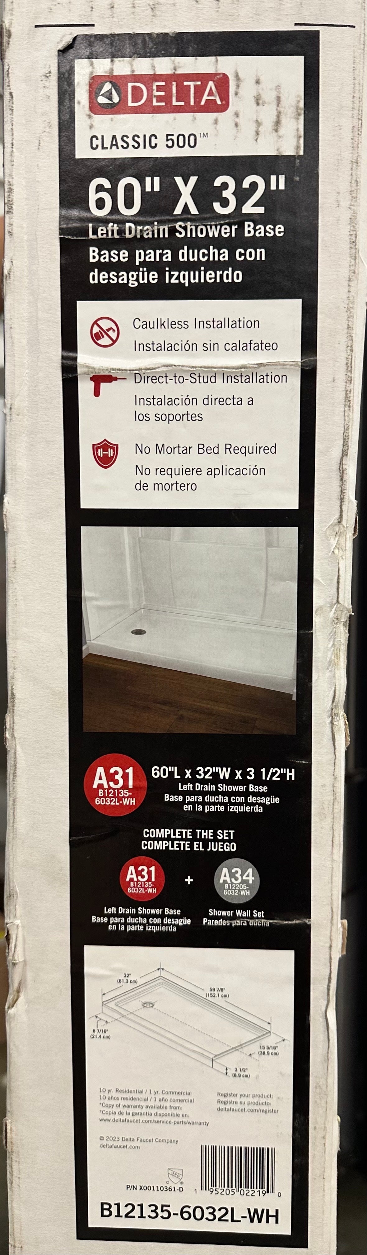 Delta B12135-6032L-WH Shower Base, High Gloss White