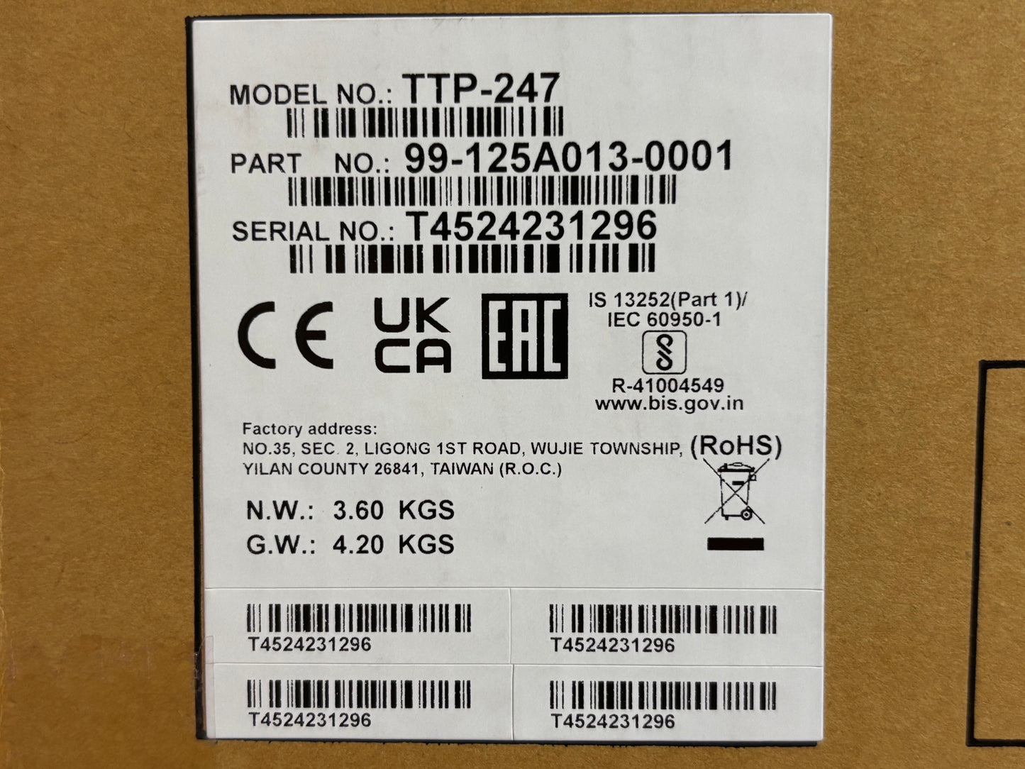 TSC 99-125A013-00LF Series TTP-247 Desktop Thermal Transfer Bar Code Printer, 203 dpi Resolution, 7 IPS, 8 MB DRAM, 4 MB Flash, USB/Serial/Parallel Port, Black