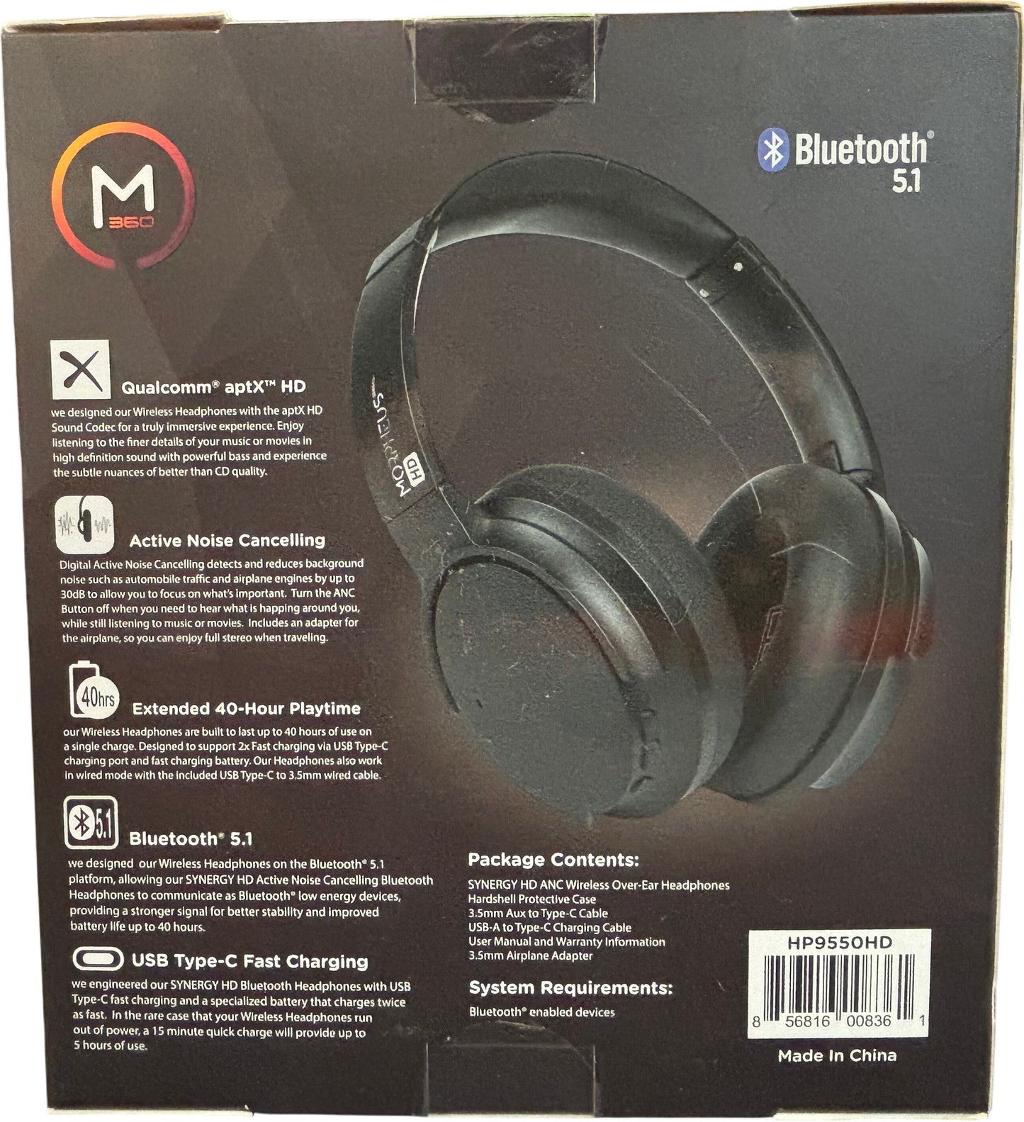 Morpheus 360 Synergy HD Bluetooth Headphones, Wireless Headphones, Over-Ear Headphones, 40-Hour Playtime, USB Type C Fast Charging, Soft Leather Padding, with Travel Case - Black, HP9550HD