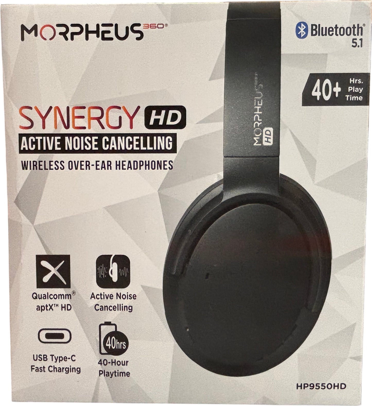Morpheus 360 Synergy HD Bluetooth Headphones, Wireless Headphones, Over-Ear Headphones, 40-Hour Playtime, USB Type C Fast Charging, Soft Leather Padding, with Travel Case - Black, HP9550HD