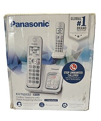 Cordless Phone with Answering Machine and Smart Call Block - 2 Cordless Handsets - KX-TGD532W (White/Silver) Panasonic DECT 6.0 Expandable