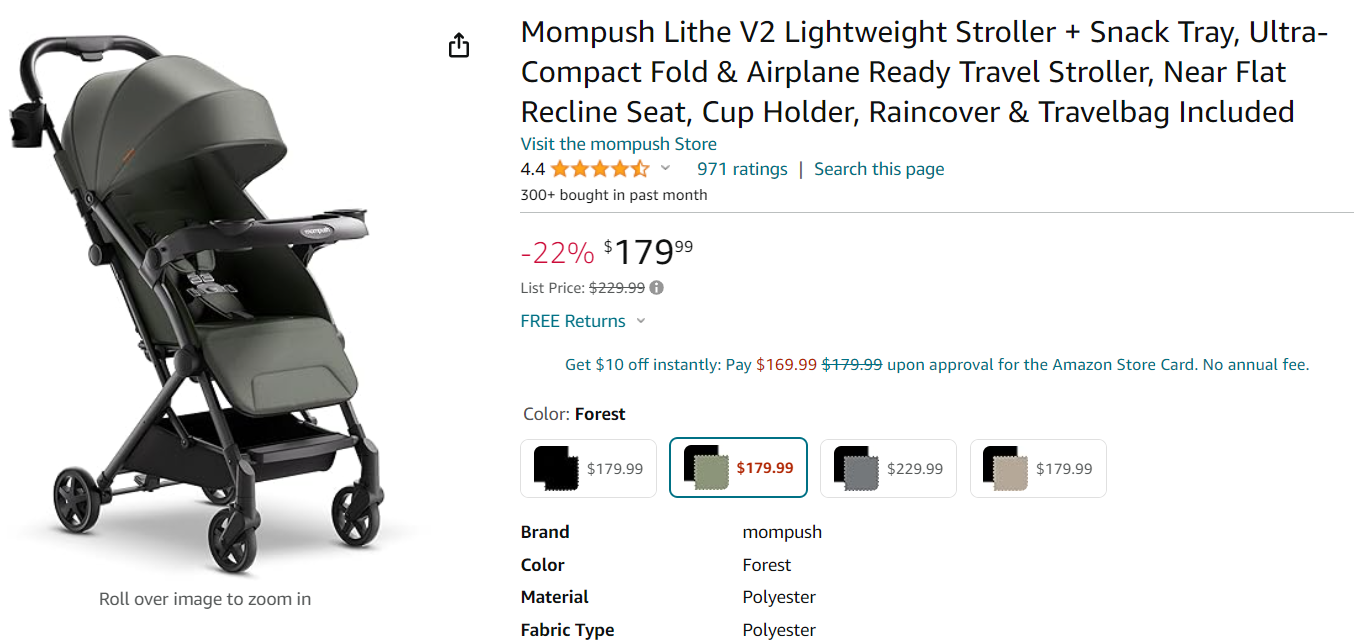 Mompush Lithe V2 Lightweight Stroller + Snack Tray, Ultra-Compact Fold & Airplane Ready Travel Stroller, Near Flat Recline Seat, Cup Holder, Raincover & Travelbag Included