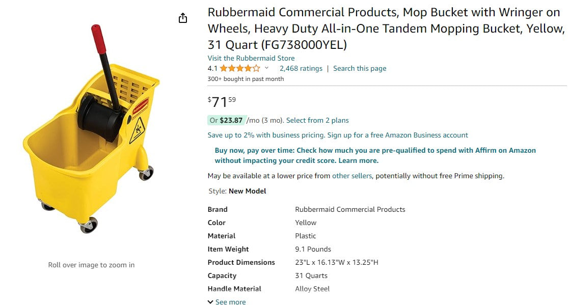 Rubbermaid Commercial Product 31QT Tandem Bucket, Yellow