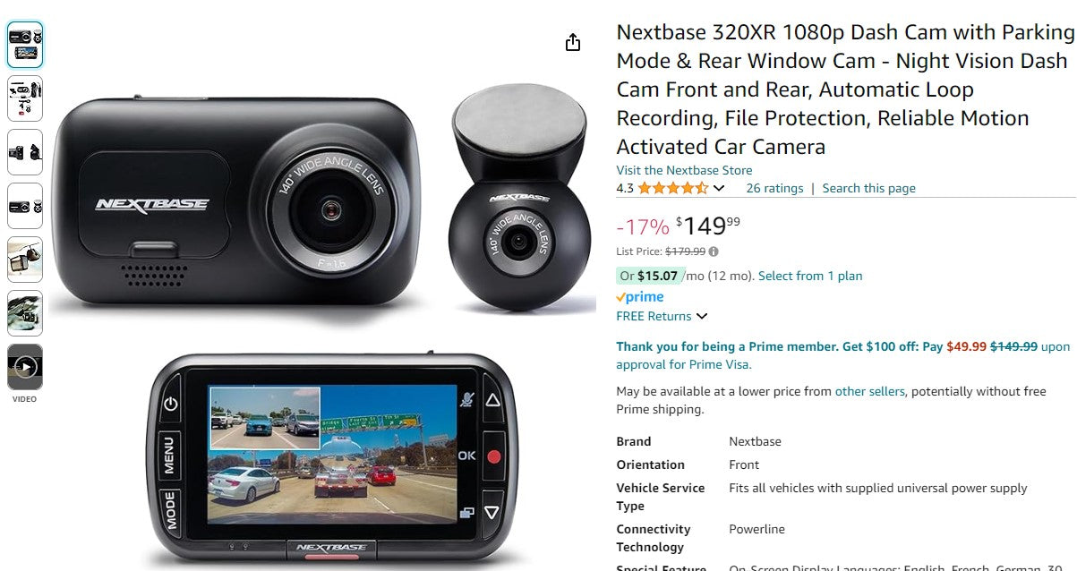 Nextbase 320XR 1080p Dash Cam with Parking Mode & Rear Window Cam - Night Vision Dash Cam Front and Rear, Automatic Loop Recording, File Protection, Reliable Motion Activated Car Camera