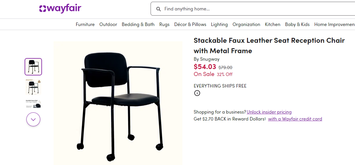 Stackable Faux Leather Seat Reception Chair with Metal Frame (Missing 1 Wheel)
