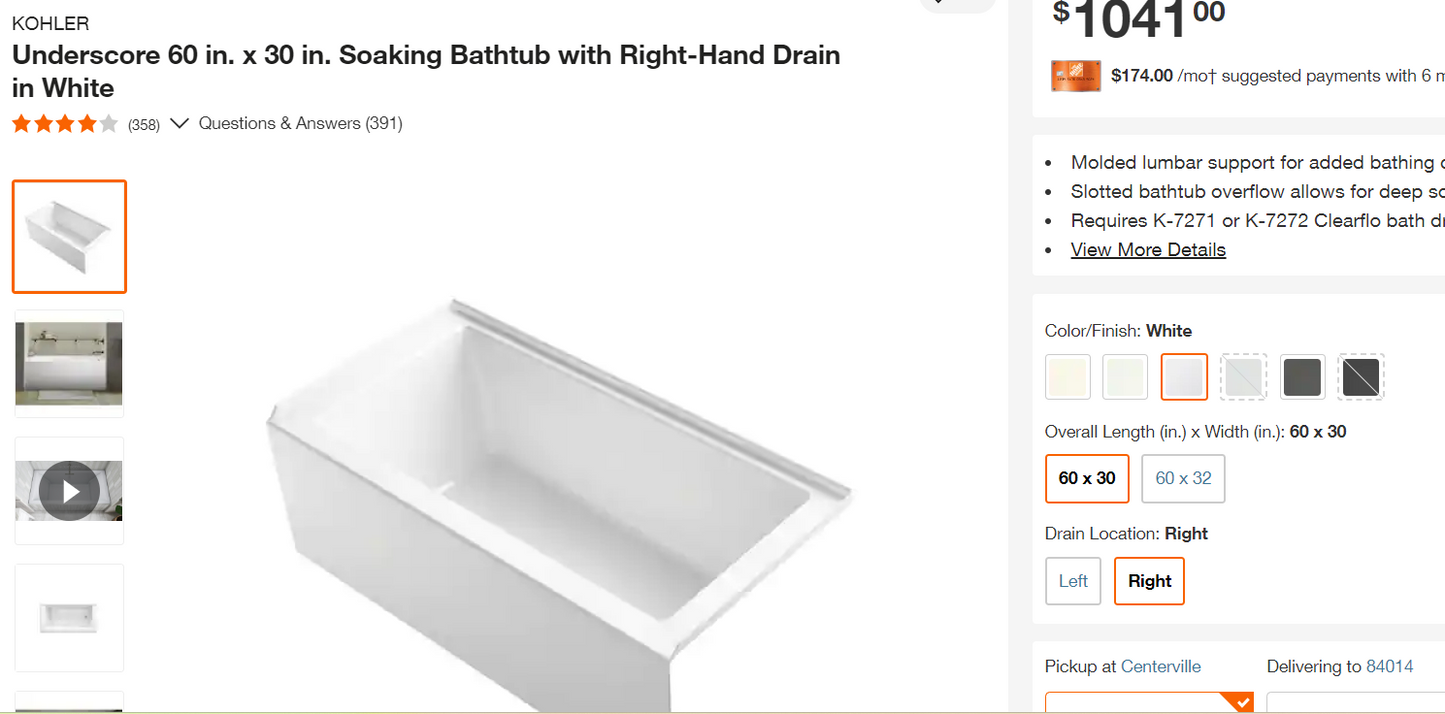 KOHLER K-1956-RA-0 Underscore Rectangle 60-Inch x 30-Inch Alcove Bath with Integral apron, integral flange and right hand drain, White