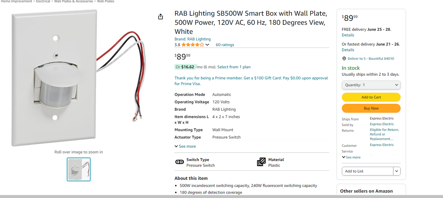 RAB Lighting SB500W Smart Box with Wall Plate, 500W Power, 120V AC, 60 Hz, 180 Degrees View, White