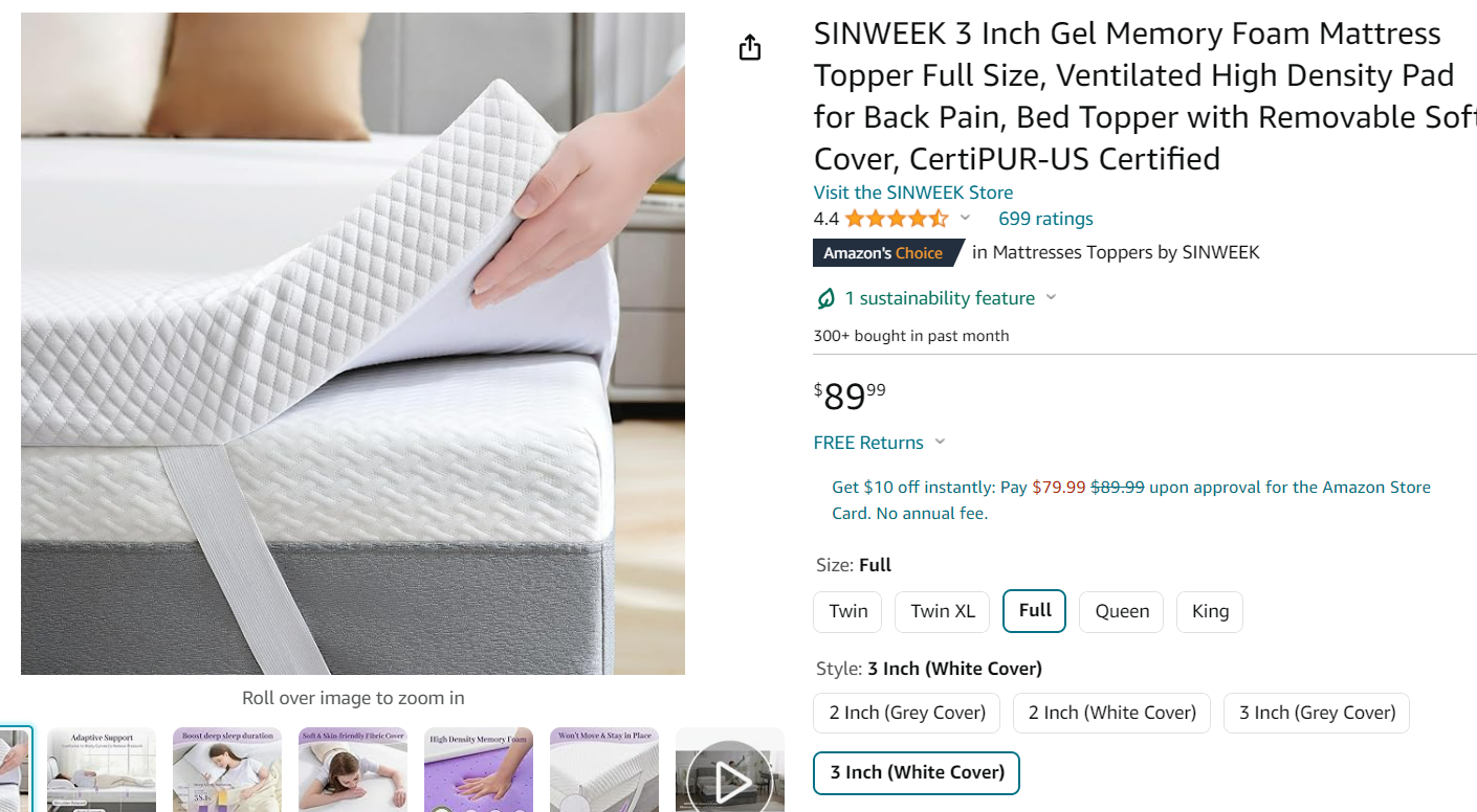SINWEEK 3 Inch Gel Memory Foam Mattress Topper Full Size, Ventilated High Density Pad for Back Pain, Bed Topper with Removable Soft Cover, CertiPUR-US Certified