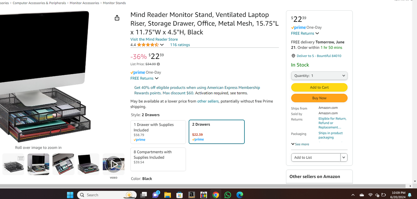 Mind Reader Monitor Stand, Ventilated Laptop Riser, Storage Drawer, Office, Metal Mesh, 15.75"L x 11.75"W x 4.5"H, Black