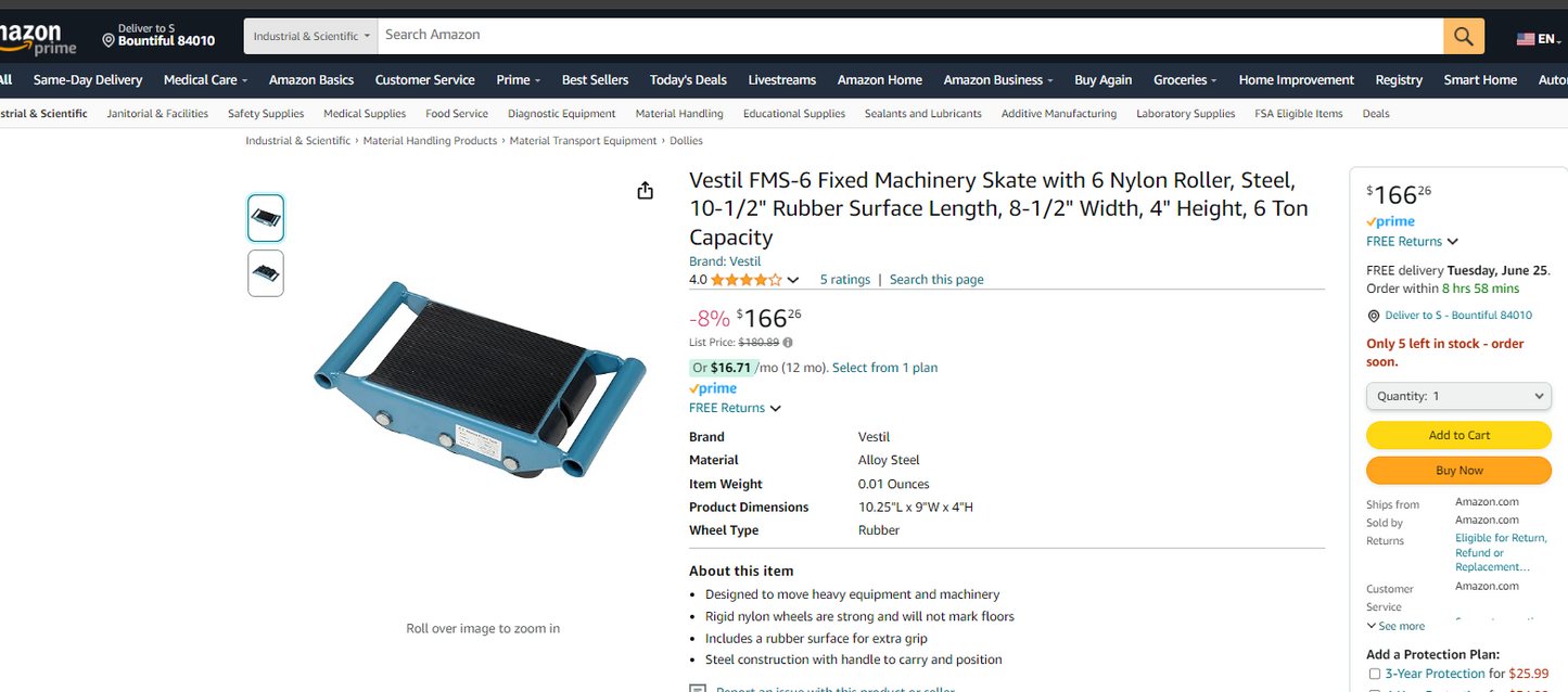 Vestil FMS-6 Fixed Machinery Skate with 6 Nylon Roller, Steel, 10-1/2" Rubber Surface Length, 8-1/2" Width, 4" Height, 6 Ton Capacity