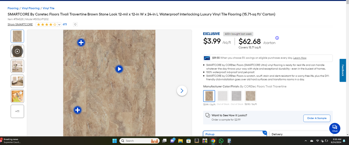 SMARTCORE By Coretec Floors Tivoli Travertine Brown Stone Look 12-mil x 12-in W x 24-in L Waterproof Interlocking Luxury Vinyl Tile Flooring (15.71-sq ft/ Carton)