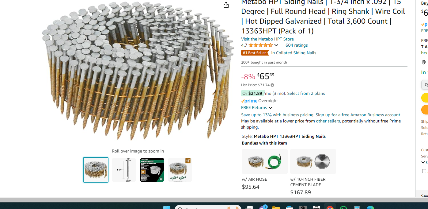 Metabo HPT 12312HPT Electro Galvanized Mini Wire Coil Nails 1-3/4" x .083 Rg | 16000 Count ( open box )