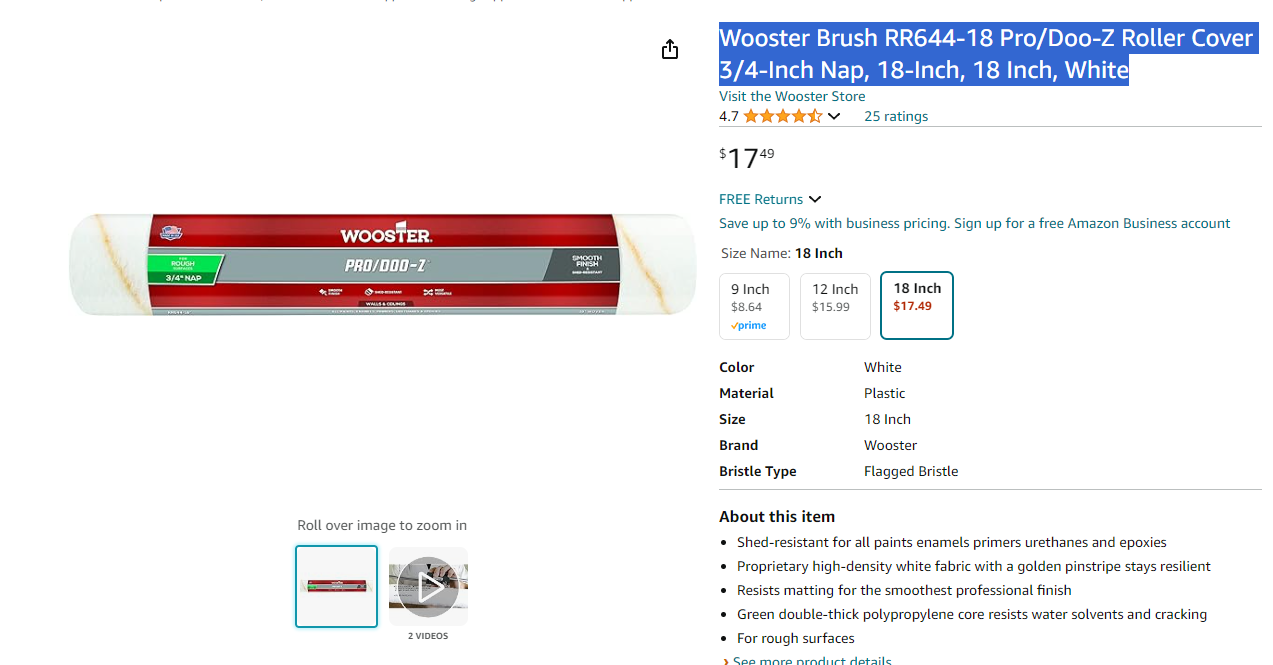 Wooster Brush RR644-18 Pro/Doo-Z Roller Cover 3/4-Inch Nap, 18-Inch, 18 Inch, White
