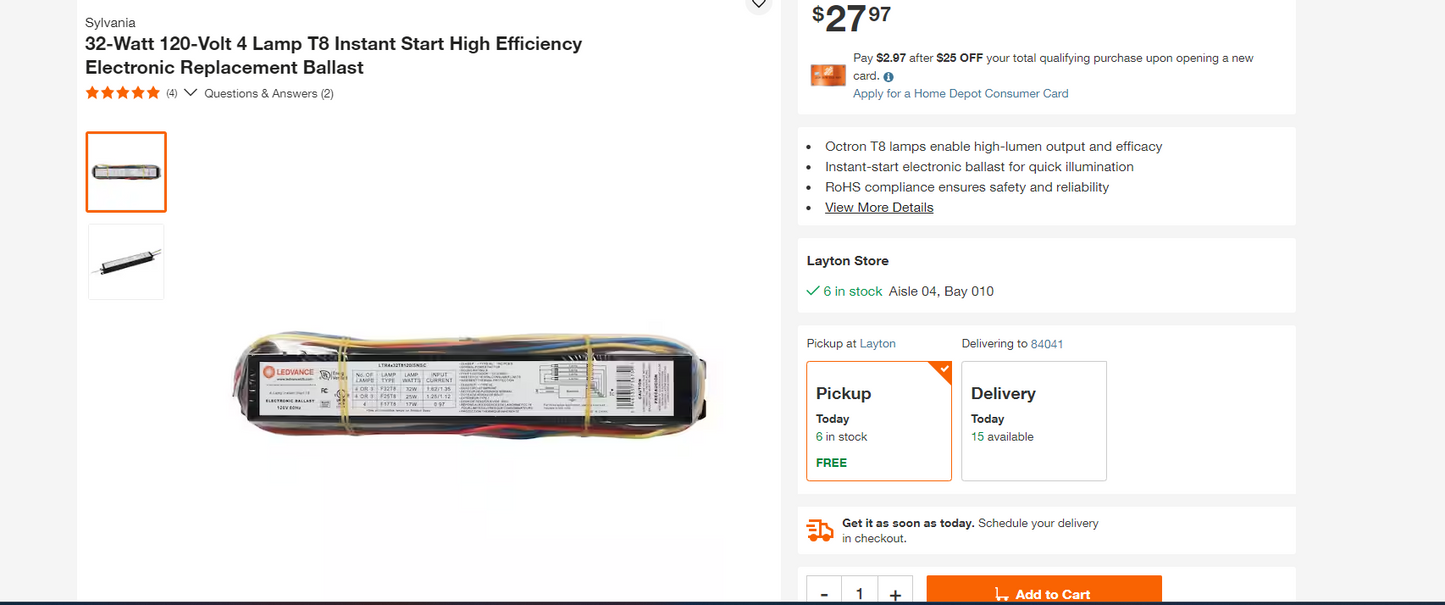 32-Watt 120 Volt 4 Lamp T8 High Efficiency Instant Start Electronic Replacement Ballast